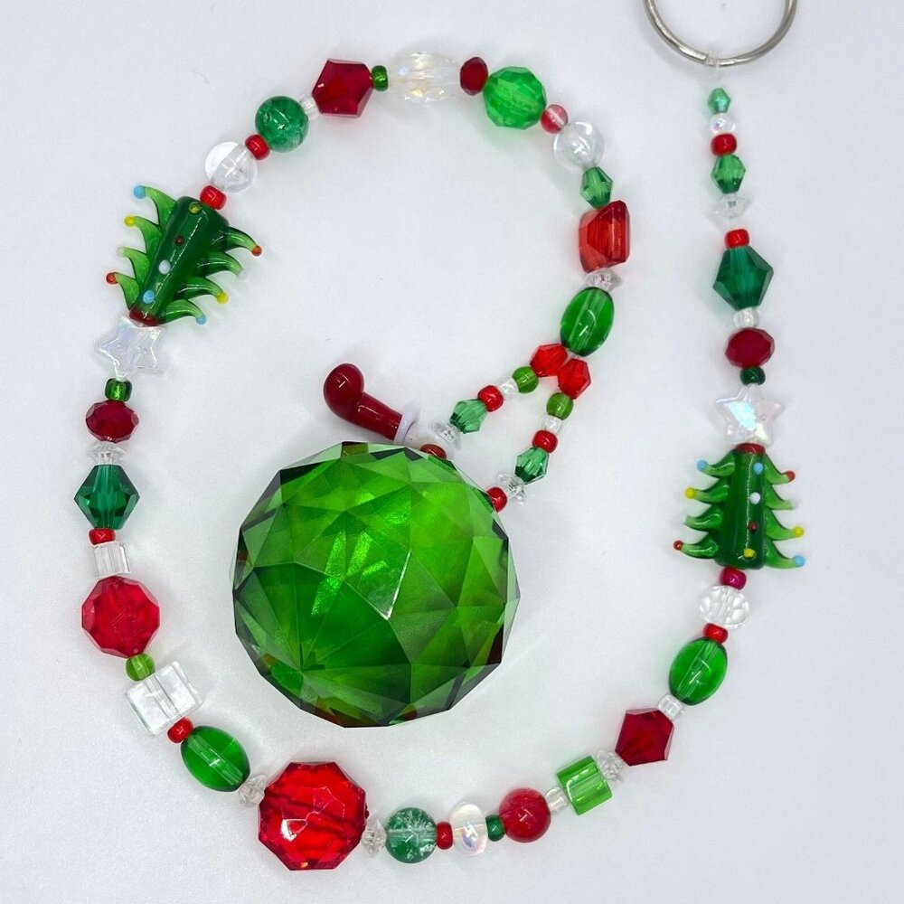 Beaded Christmas Tree Suncatcher Red Green Crystal Prism Hanging Decor - Picture 2 of 10